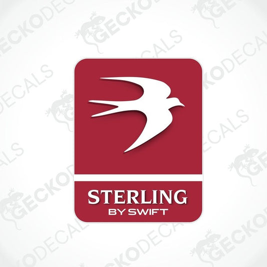 A red and white vehicle decal with the text 'Sterling by Swift' and a graphic of a stylized bird in flight.