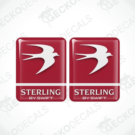 Two red vinyl stickers with a white bird logo and the text 'Sterling by Swift' on them.