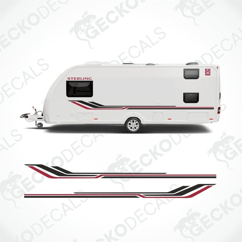 A white Sterling caravan with black and red decals, including STERLING logo and text, presented from different angles.