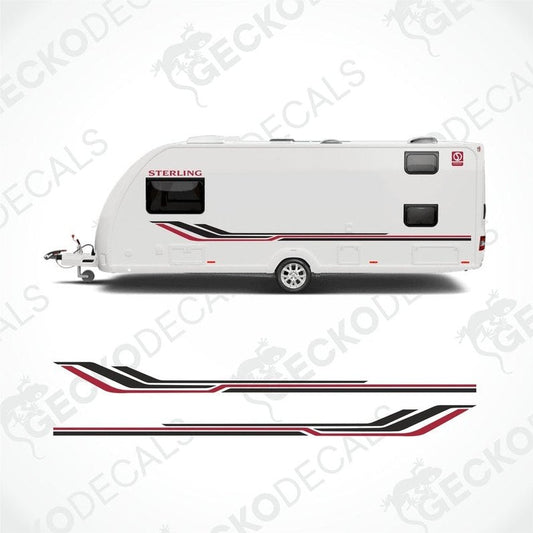 A white Sterling caravan with black and red decals, including STERLING logo and text, presented from different angles.