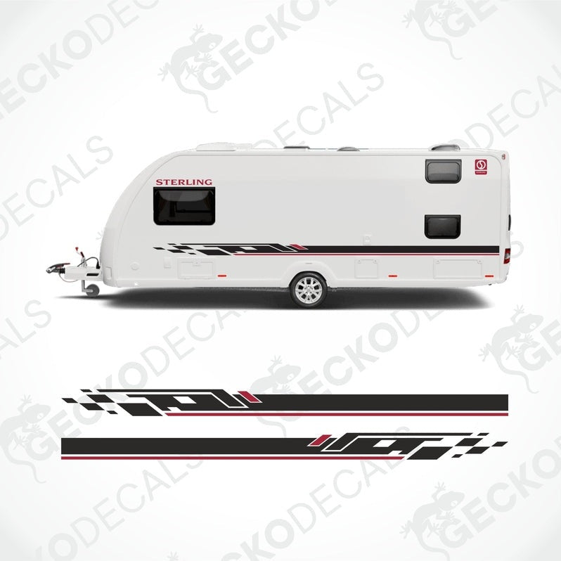 A white Sterling caravan with black, red, and gray decals featuring the brand name and logo.