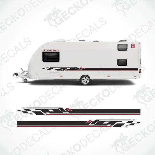 A white Sterling caravan with black, red, and gray decals featuring the brand name and logo.