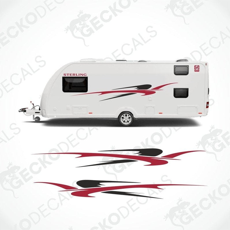 White caravan with applied Sterling red black vinyl side decals and logo stickers