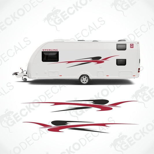 White caravan with applied Sterling red black vinyl side decals and logo stickers
