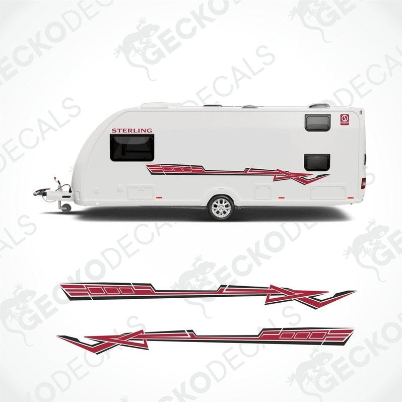 A white Sterling caravan with red and black decals, including a set of die-cut decals for the exterior and interior of the vehicle.