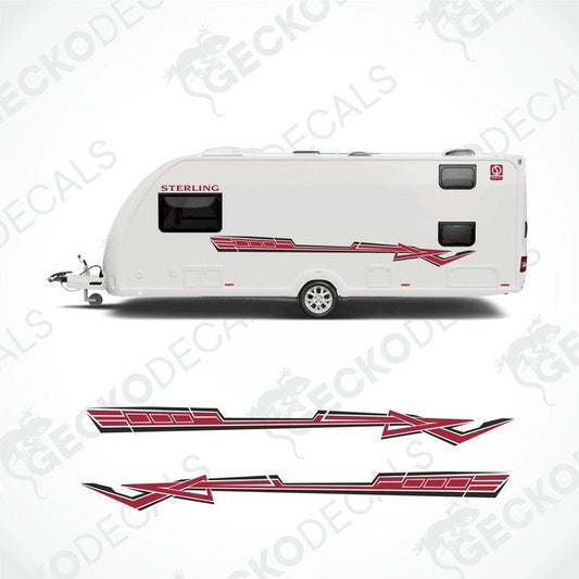 A white Sterling caravan with red and black decals, including a set of die-cut decals for the exterior and interior of the vehicle.