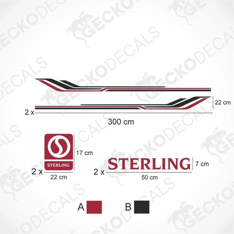 A white Sterling caravan with black and red decals, including STERLING logo and text, presented from different angles.