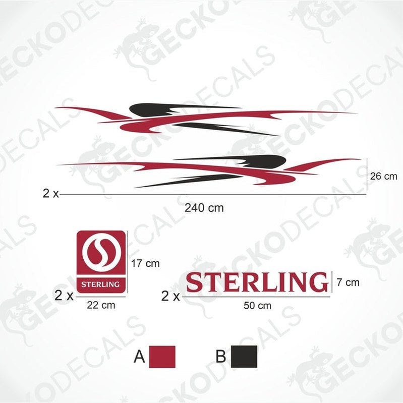 Sterling Caravan decal set diagram showing red black wing side decals and logos