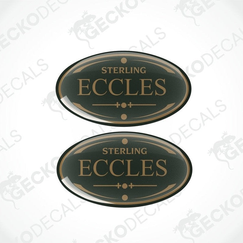 Two round vinyl decals with 'Eccles' text and a decorative border, primarily black in color, with a white background.