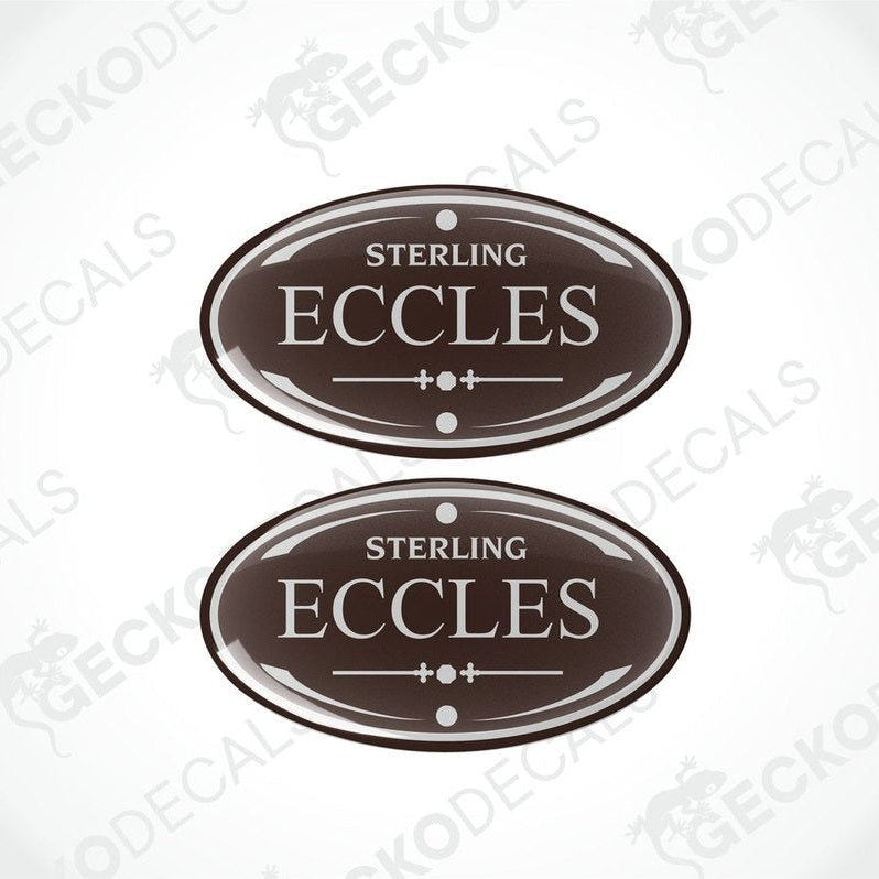 Two round vinyl decals with 'Eccles' text and a decorative border, primarily in brown color, with the Gecko Decals logo at the bottom.