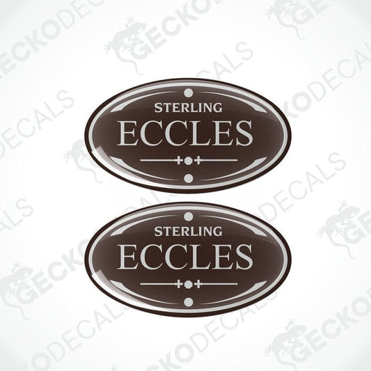 Two round vinyl decals with 'Eccles' text and a decorative border, primarily in brown color, with the Gecko Decals logo at the bottom.