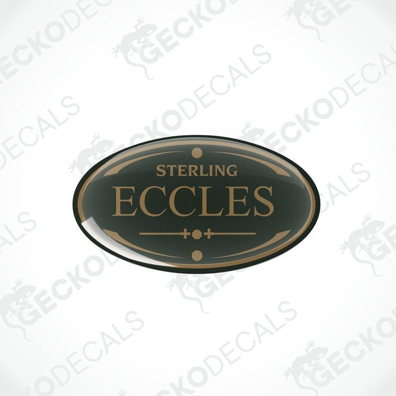 Two round vinyl decals with 'Eccles' text and a decorative border, primarily black in color, with a white background.