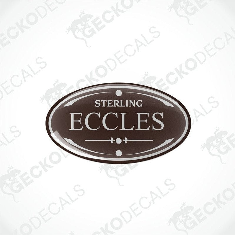 Two round vinyl decals with 'Eccles' text and a decorative border, primarily in brown color, with the Gecko Decals logo at the bottom.