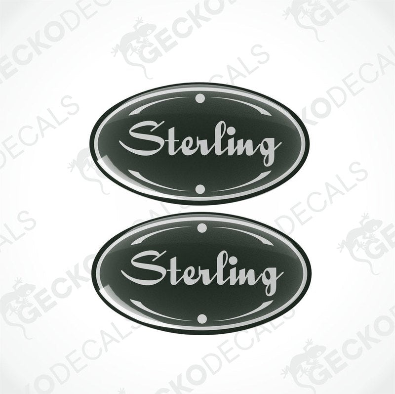 Two black vinyl decals with the word 'STERLING' in bold letters, surrounded by a decorative border.