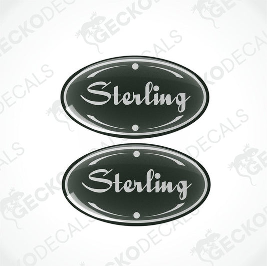 Two black vinyl decals with the word 'STERLING' in bold letters, surrounded by a decorative border.