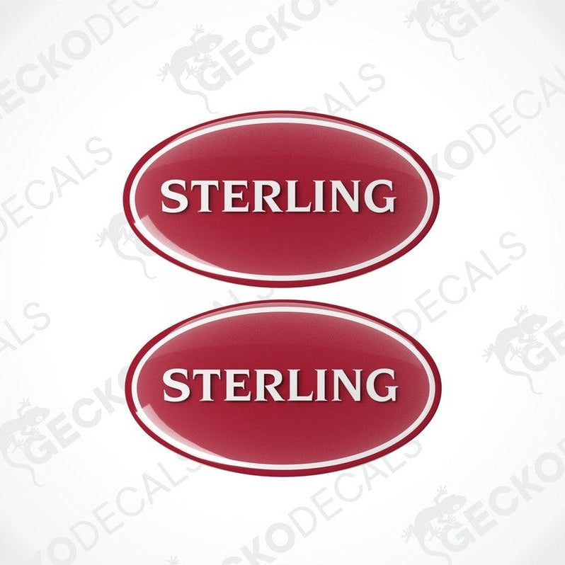 Two red vinyl decals with the word 'STERLING' in white, placed against a white background with a Gecko Decals logo.