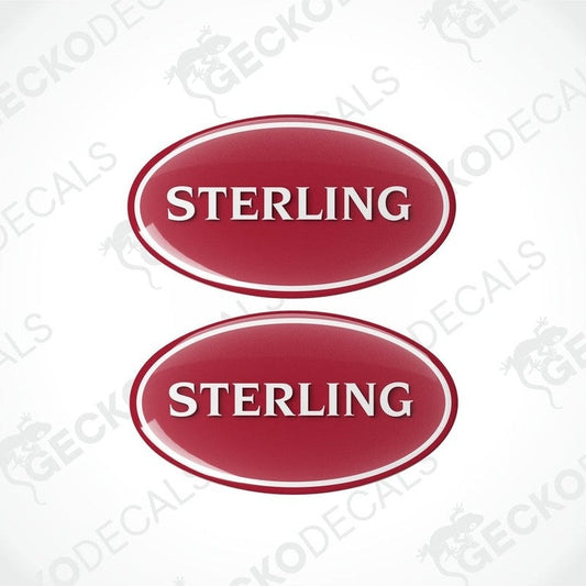 Two red vinyl decals with the word 'STERLING' in white, placed against a white background with a Gecko Decals logo.