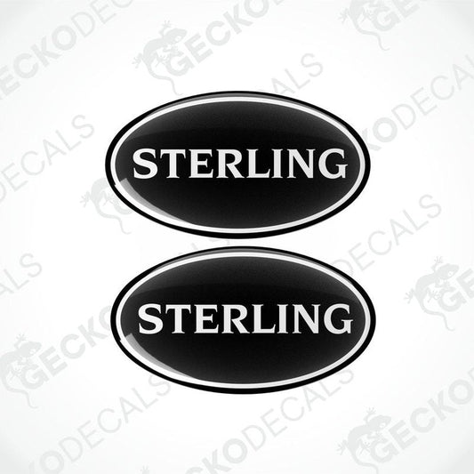 Two black vinyl decals with the word 'STERLING' in white font, displayed on a white background.