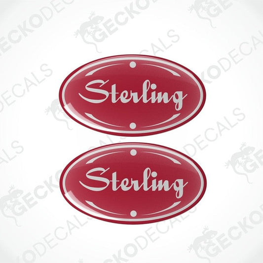 Two red, white, and black vinyl stickers with the word 'STERLING' printed on them.