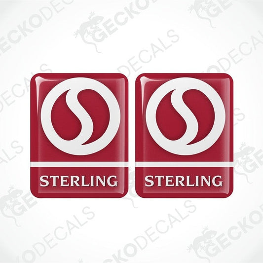 Two red and white vinyl stickers with a geometric design, branded as 'Sterling'.