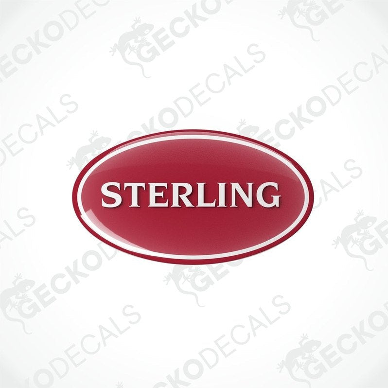 Two red vinyl decals with the word 'STERLING' in white, placed against a white background with a Gecko Decals logo.