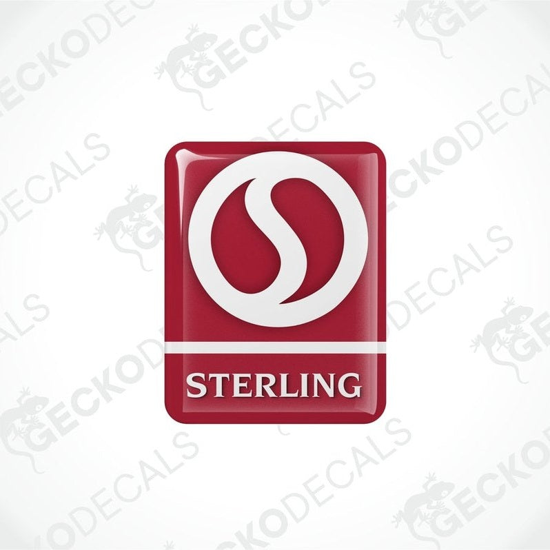 Two red and white vinyl stickers with a geometric design, branded as 'Sterling'.