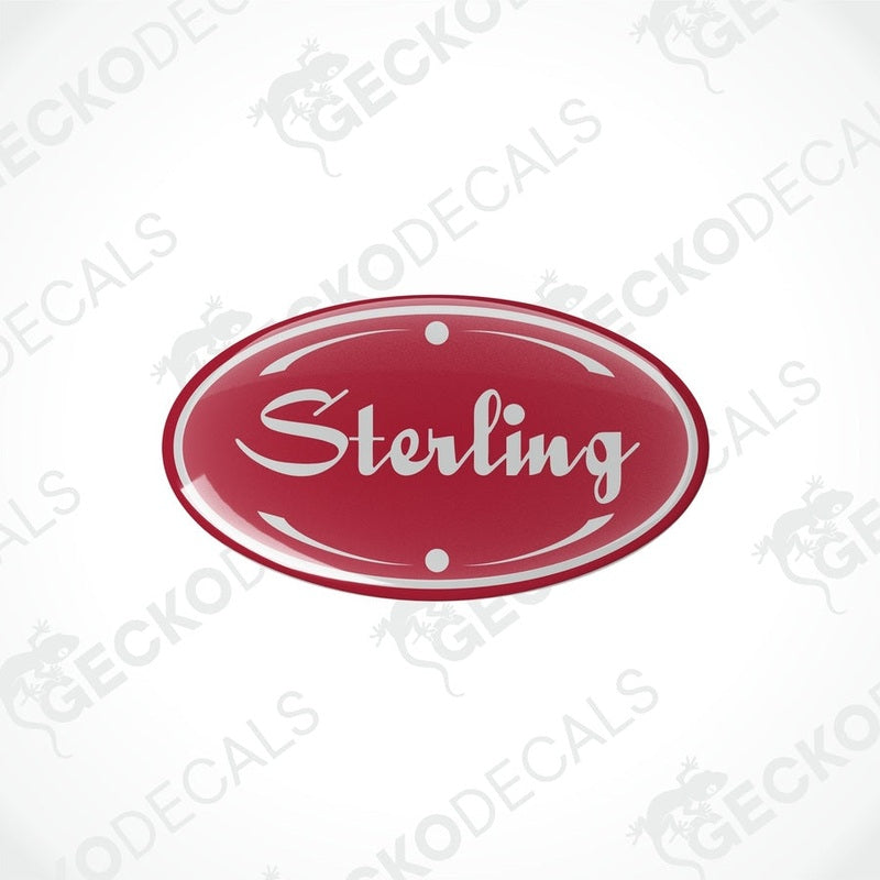 Two red, white, and black vinyl stickers with the word 'STERLING' printed on them.