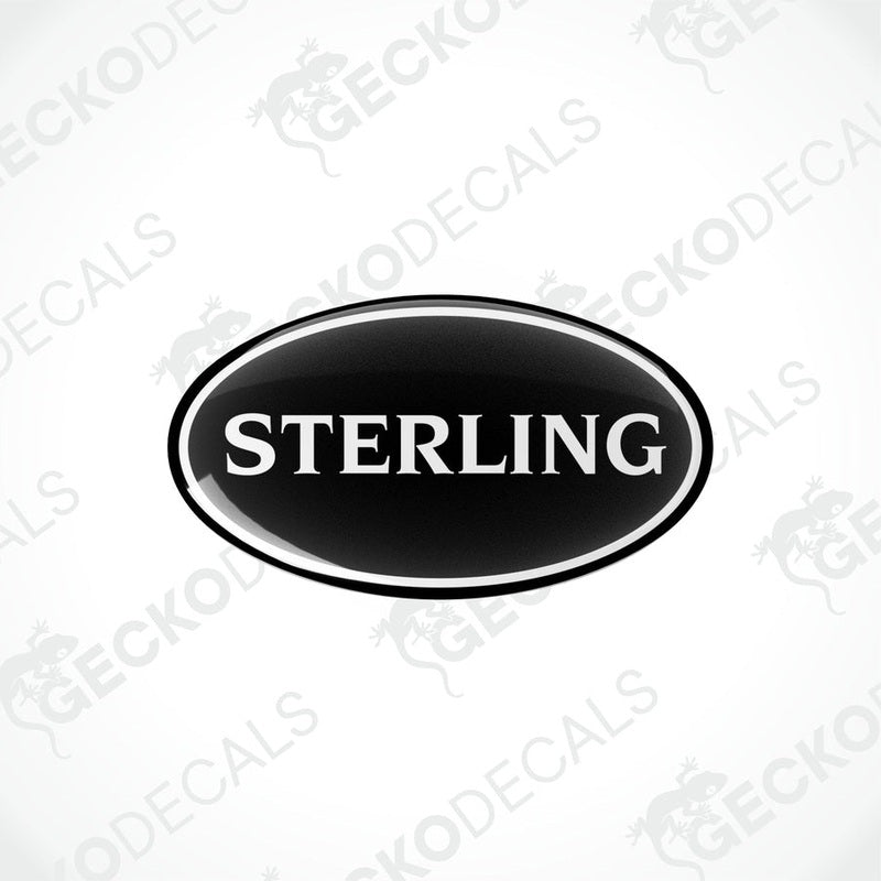Two black vinyl decals with the word 'STERLING' in white font, displayed on a white background.