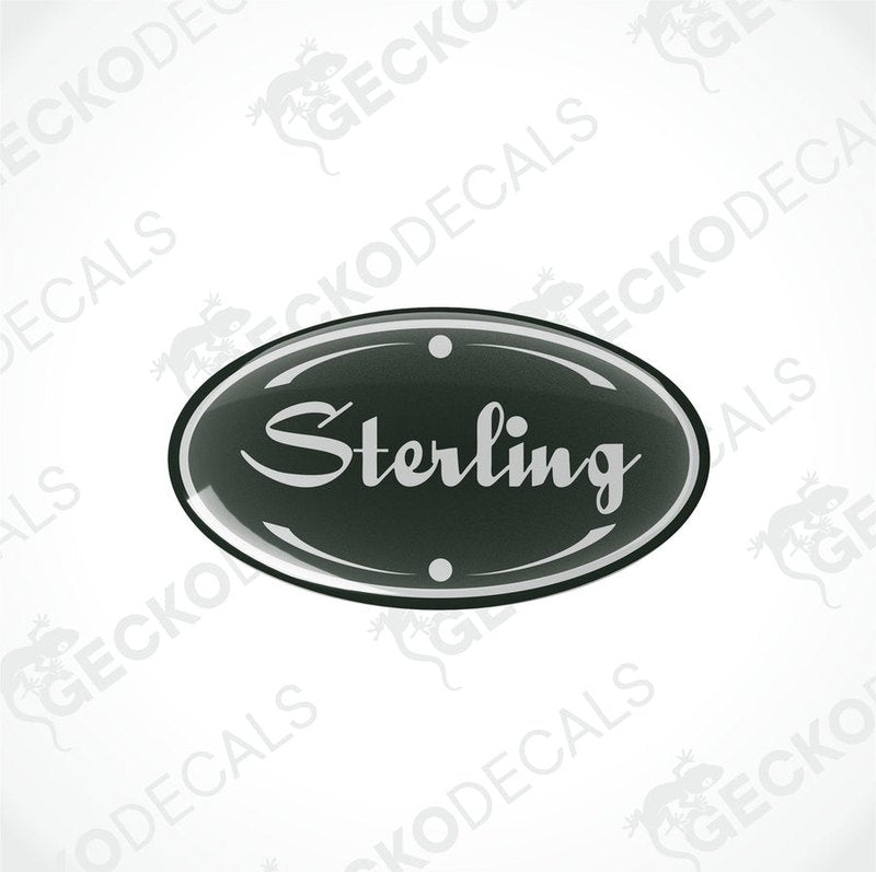 Two black vinyl decals with the word 'STERLING' in bold letters, surrounded by a decorative border.