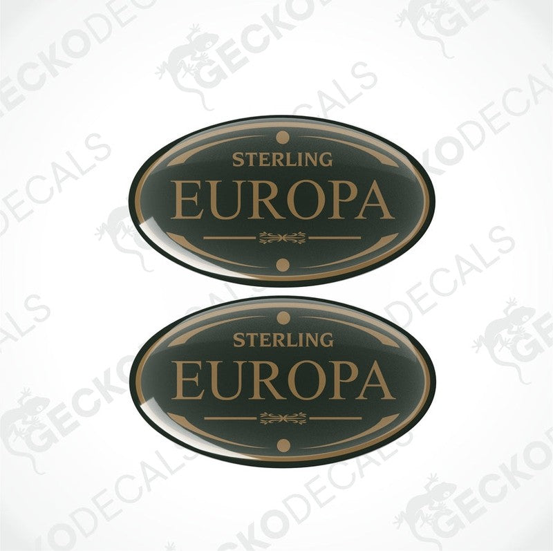 Two round vinyl stickers with a sterling europa design, one sticker has the word 'sterling' and the other has 'europa'.