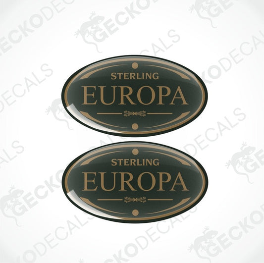 Two round vinyl stickers with a sterling europa design, one sticker has the word 'sterling' and the other has 'europa'.