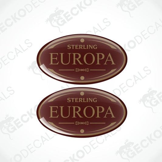 Two round brown vinyl stickers with the word 'STERLING EUROPA' and a decorative border.