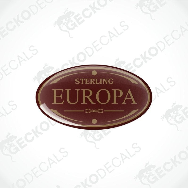Two round brown vinyl stickers with the word 'STERLING EUROPA' and a decorative border.