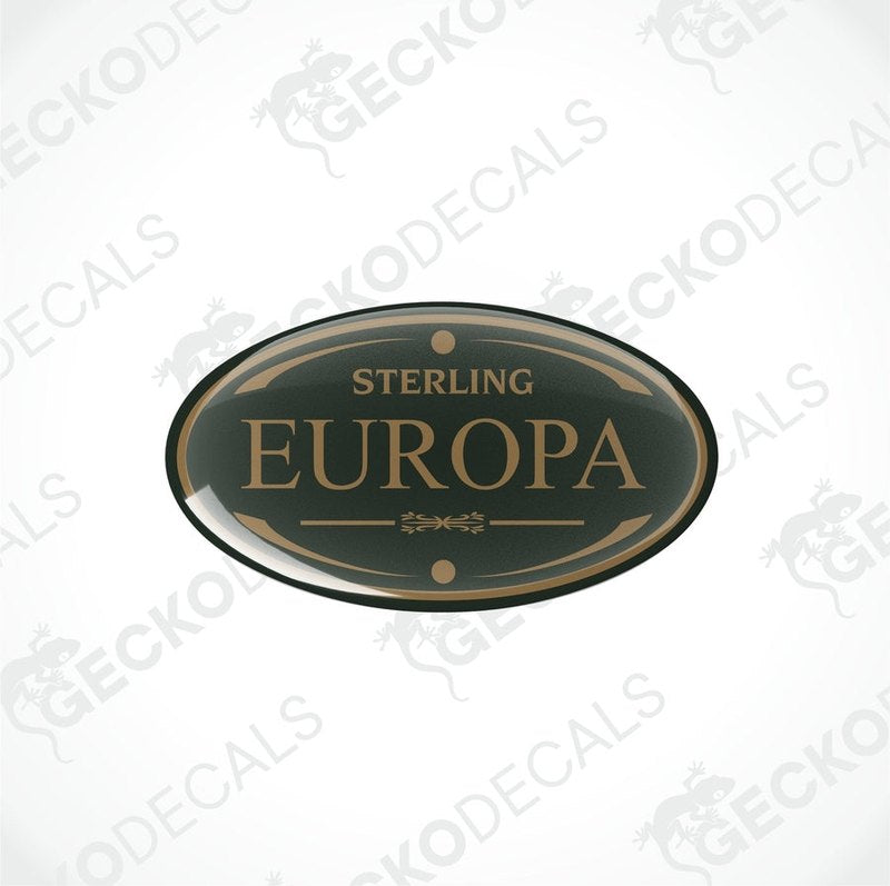 Two round vinyl stickers with a sterling europa design, one sticker has the word 'sterling' and the other has 'europa'.