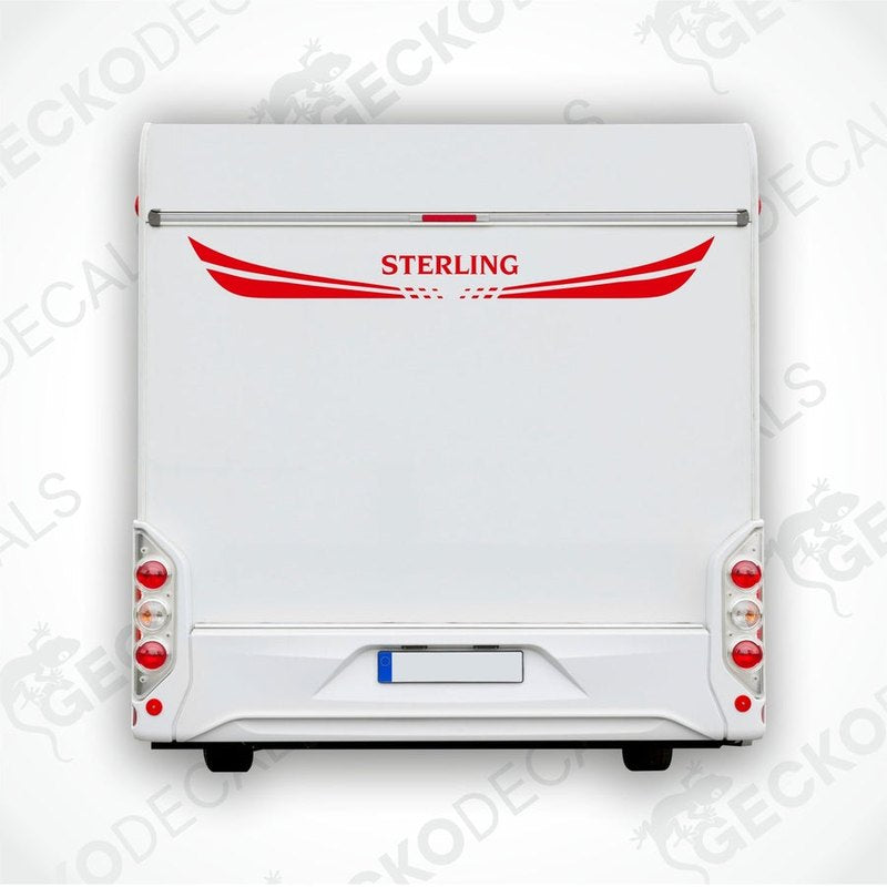 A white Sterling caravan with a red and white decal on the rear side, featuring the brand name 'STERLING' and a website address 'www.geckodecals.