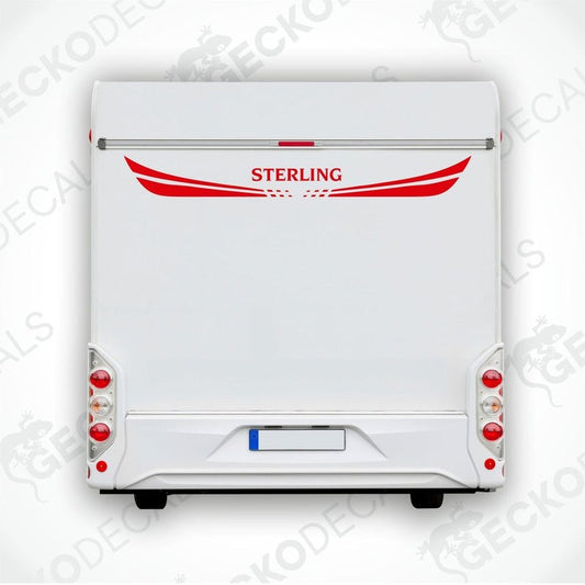 A white Sterling caravan with a red and white decal on the rear side, featuring the brand name 'STERLING' and a website address 'www.geckodecals.