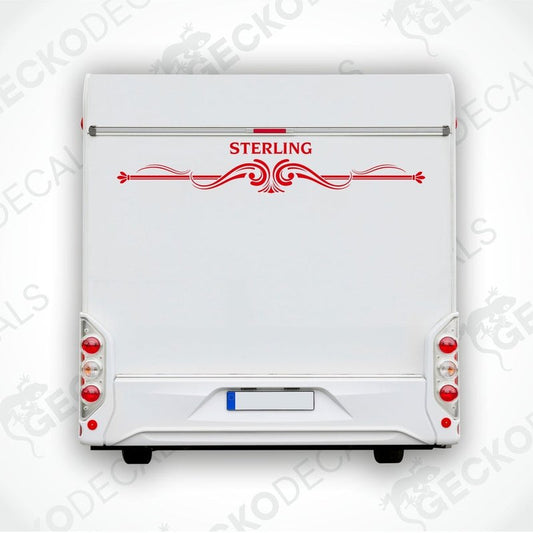 A white caravan with a red and white sterling decal on the rear side.
