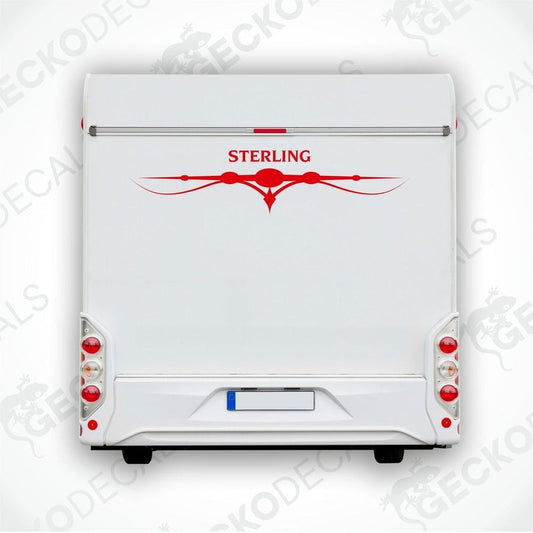 Rear decal of a white caravan with the brand name 'STERLING' printed in red and black.