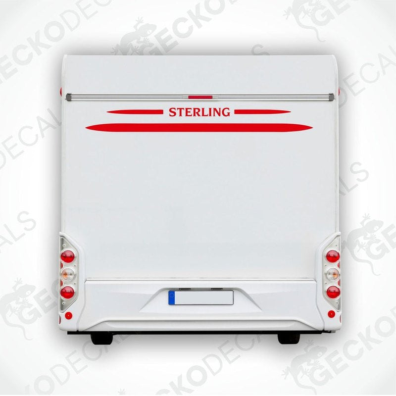 Rear decal of a white caravan with the brand name 'STERLING' printed in red and black.