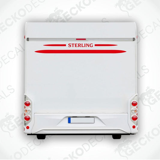 Rear decal of a white caravan with the brand name 'STERLING' printed in red and black.