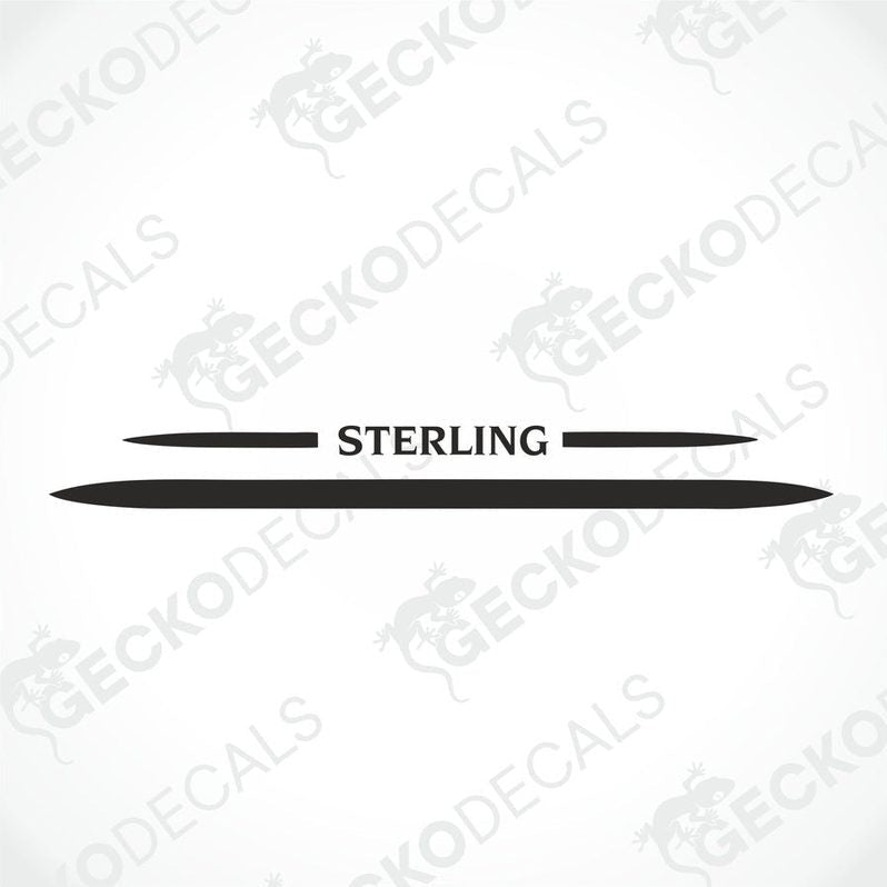 Rear decal of a white caravan with the brand name 'STERLING' printed in red and black.