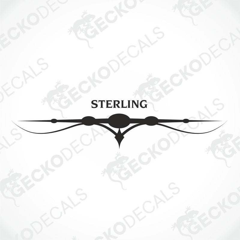 Rear decal of a white caravan with the brand name 'STERLING' printed in red and black.
