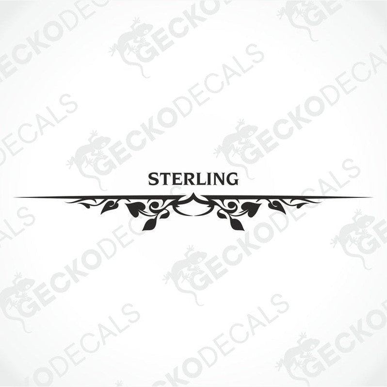 Rear decal of a white caravan with the brand name 'STERLING' in red and black.