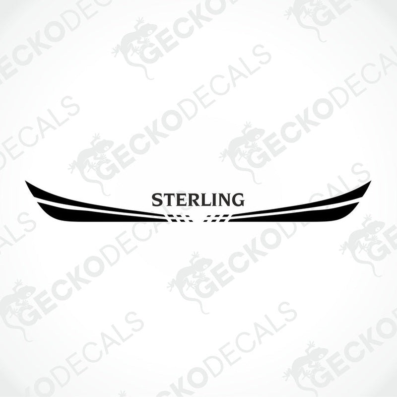 A white Sterling caravan with a red and white decal on the rear side, featuring the brand name 'STERLING' and a website address 'www.geckodecals.