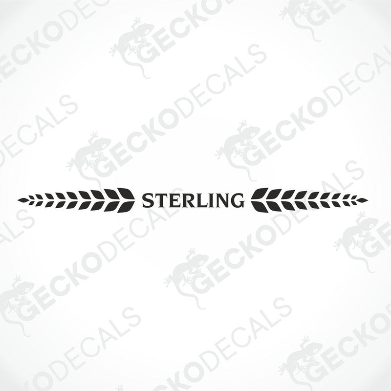 A white Sterling caravan with a red and white decal on the rear side, featuring the brand name 'STERLING' and a website address 'www.geckodecals.