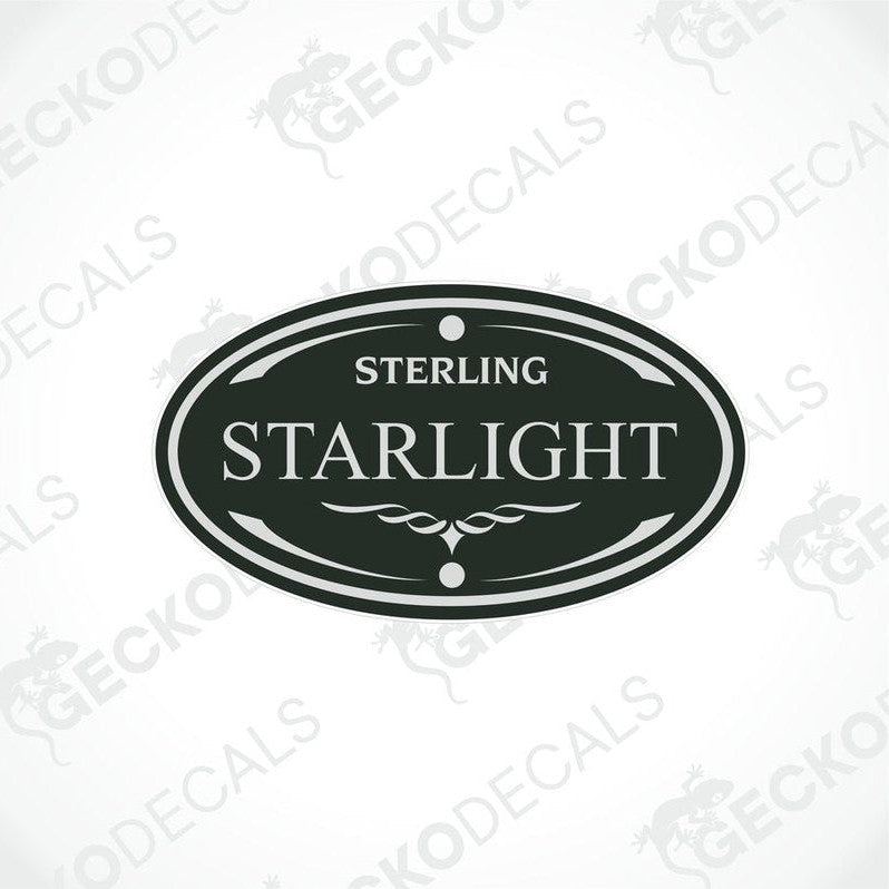 A printed and laminated decal with the text 'Sterling Starlight' and a branding logo.