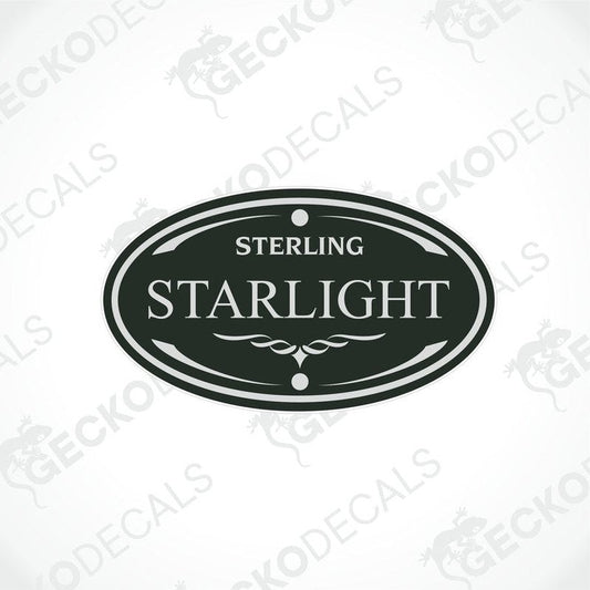 A printed and laminated decal with the text 'Sterling Starlight' and a branding logo.