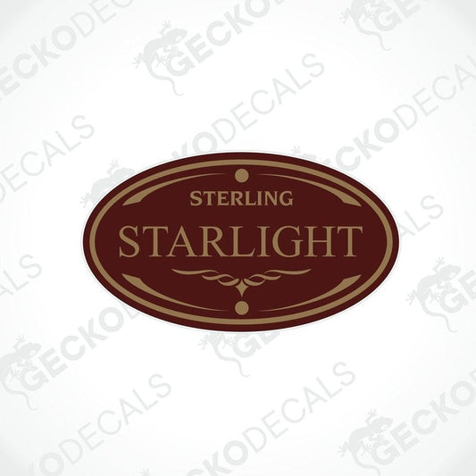 A brown decal with the text 'STERLING STARLIGHT' and a decorative border.
