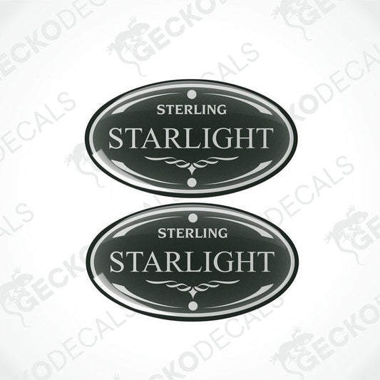 Two round vinyl stickers with a starlight design and the text 'STERLING STARLIGHT' on a white background.