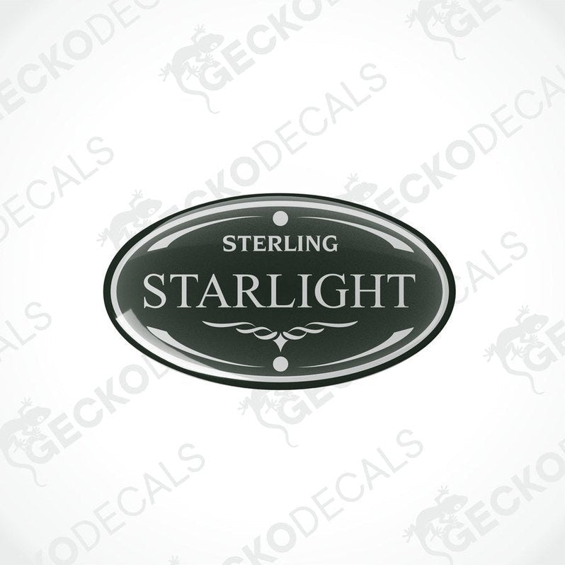 Two round vinyl stickers with a starlight design and the text 'STERLING STARLIGHT' on a white background.